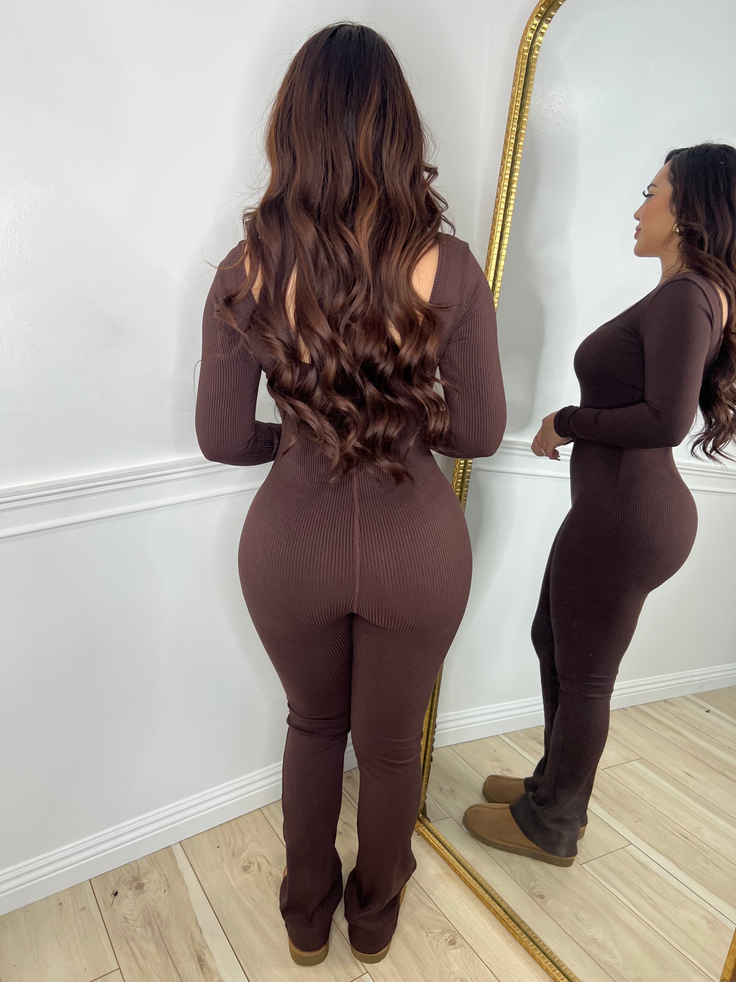 LEILA FLARE JUMPSUIT - (BROWN)